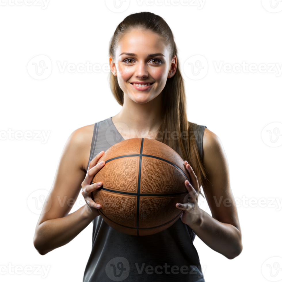 Young female athlete holding a basketball on transparent background png