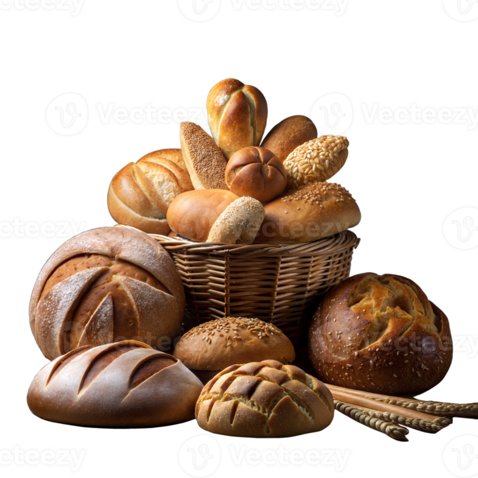 Assorted fresh breads in a wicker basket on a transparent background png