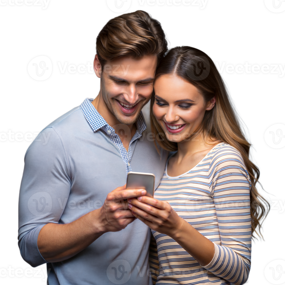 Happy couple sharing a fun moment looking at smartphone png