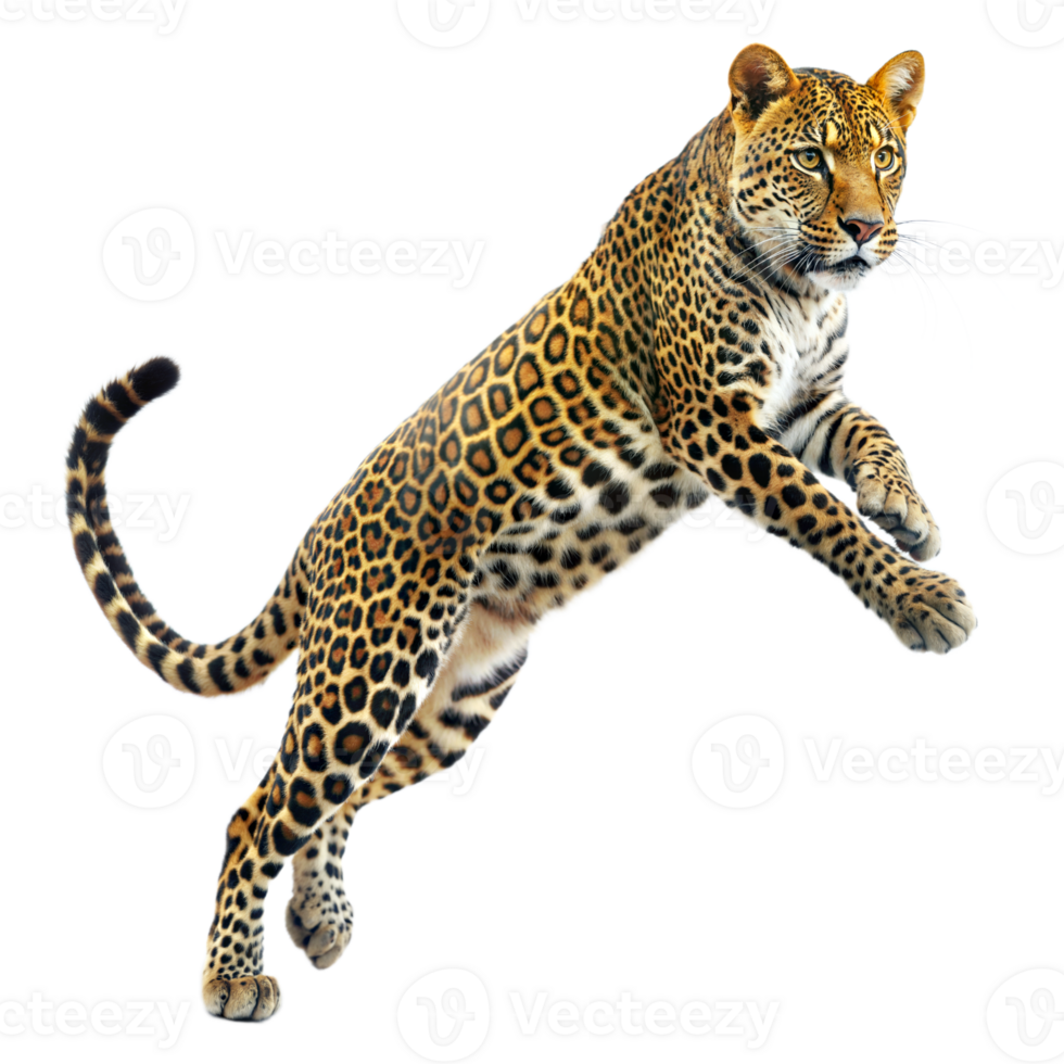 Dynamic leopard in mid-air leap on a transparent background png