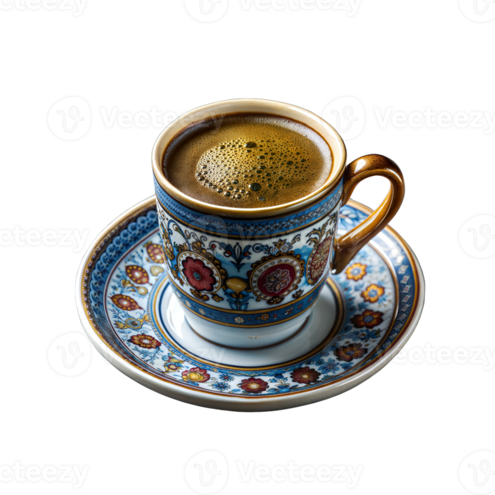 Ornate porcelain coffee cup filled with fresh brew png