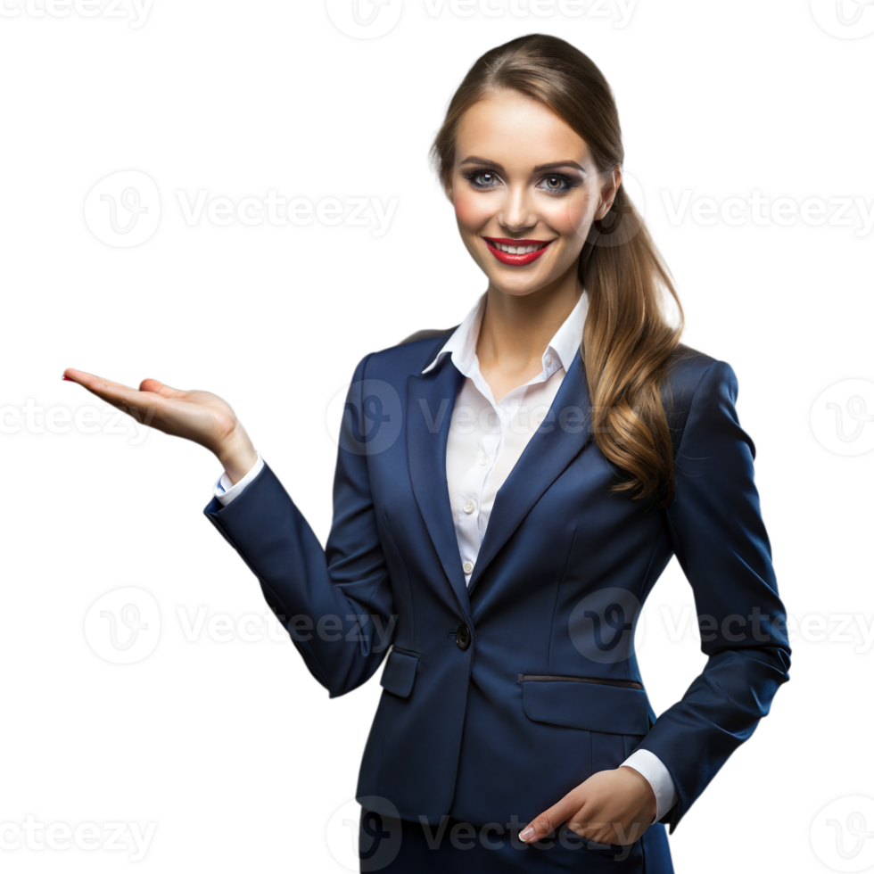 Professional woman in suit presenting an invisible product png