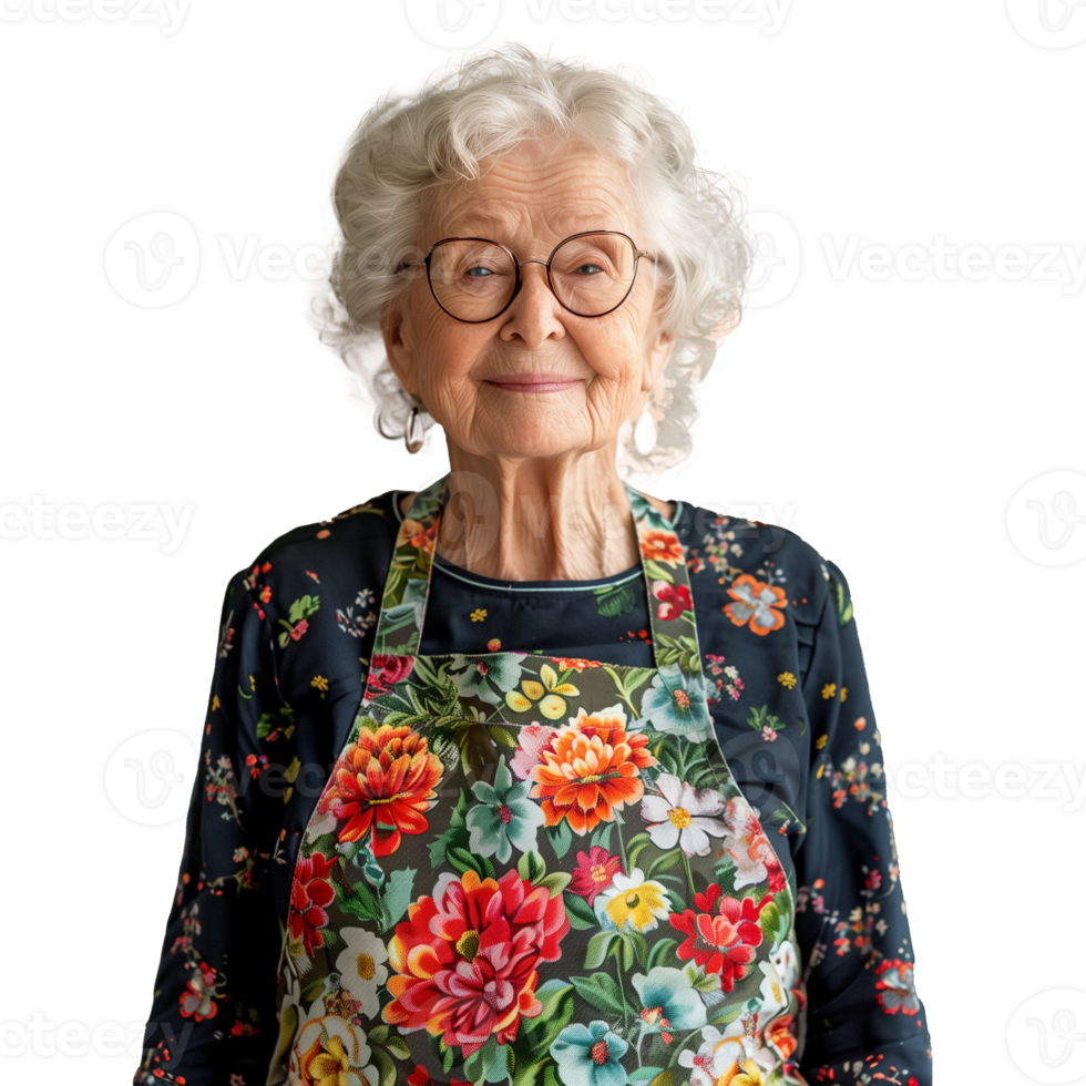 senior vrouw glimlachen in een bloemen schort Aan een transparant achtergrond png