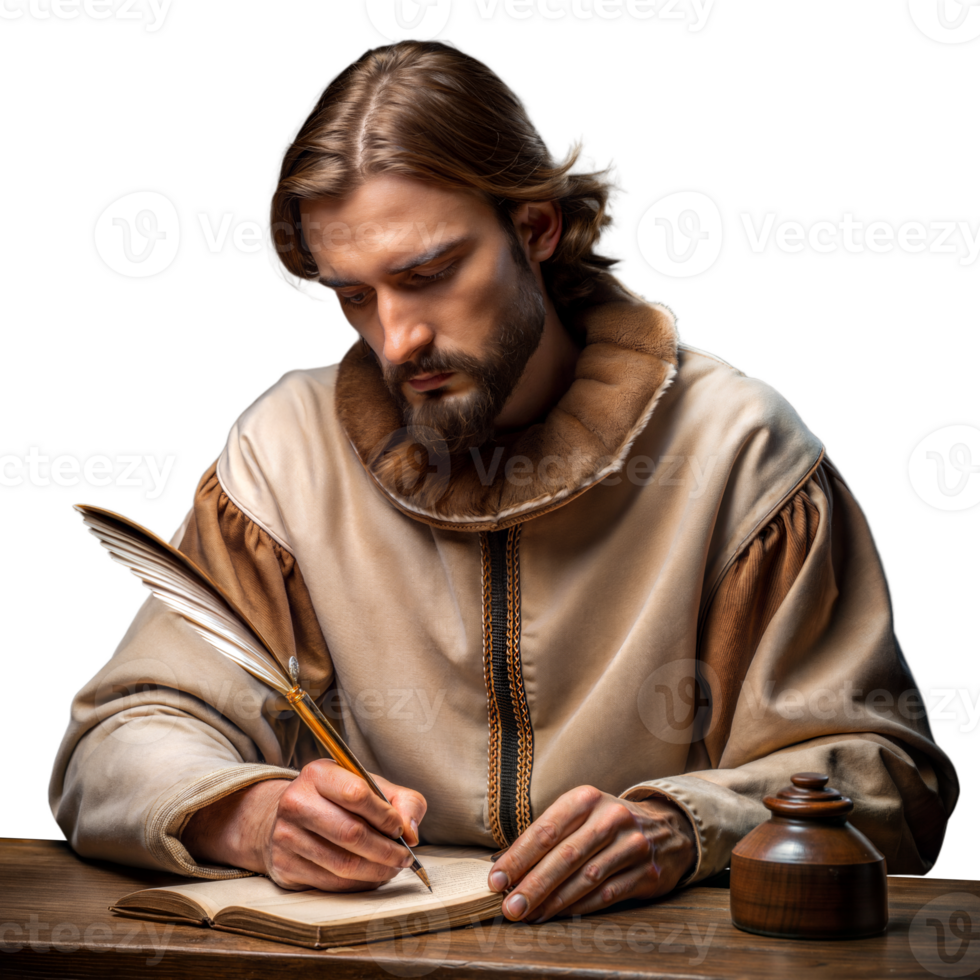 Medieval monk writing diligently with quill and ink png