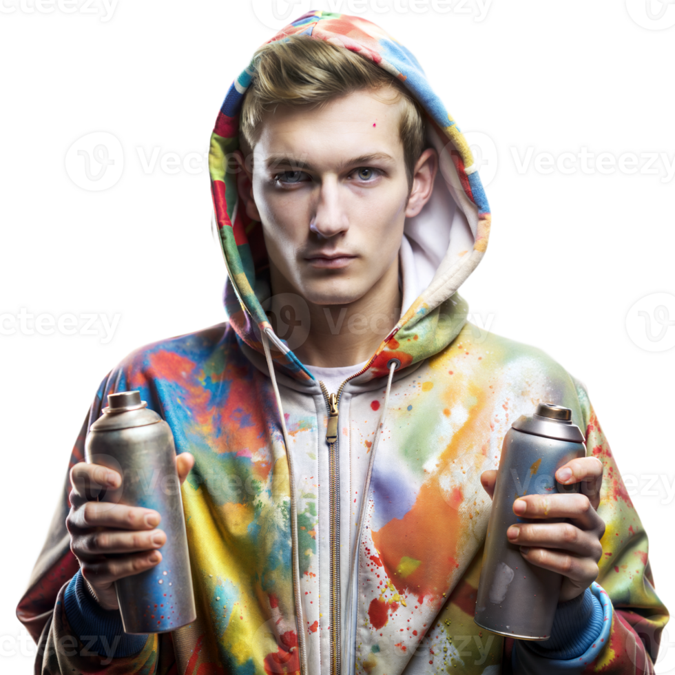 Young male artist in colorful hoodie holding spray cans png