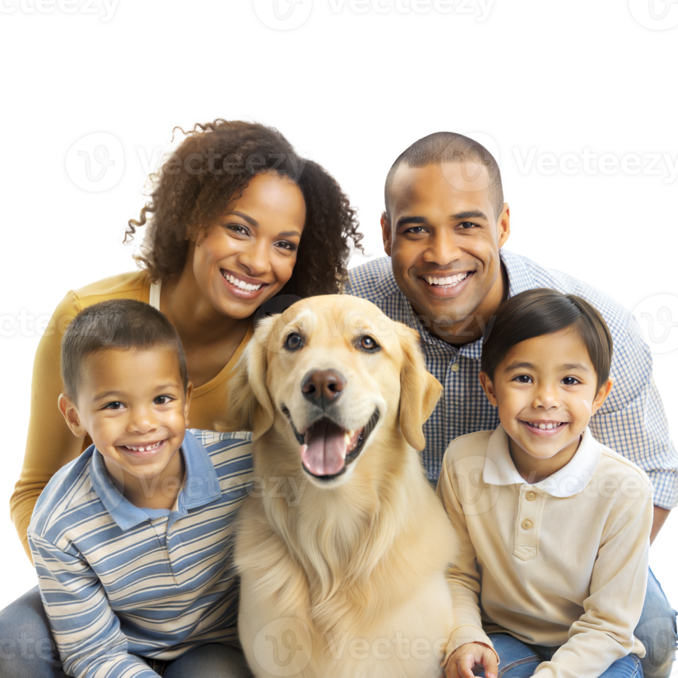 Happy family with their golden retriever smiling at camera png
