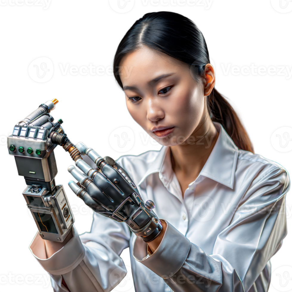 jong Aziatisch vrouw interageert met Geavanceerd robot arm png