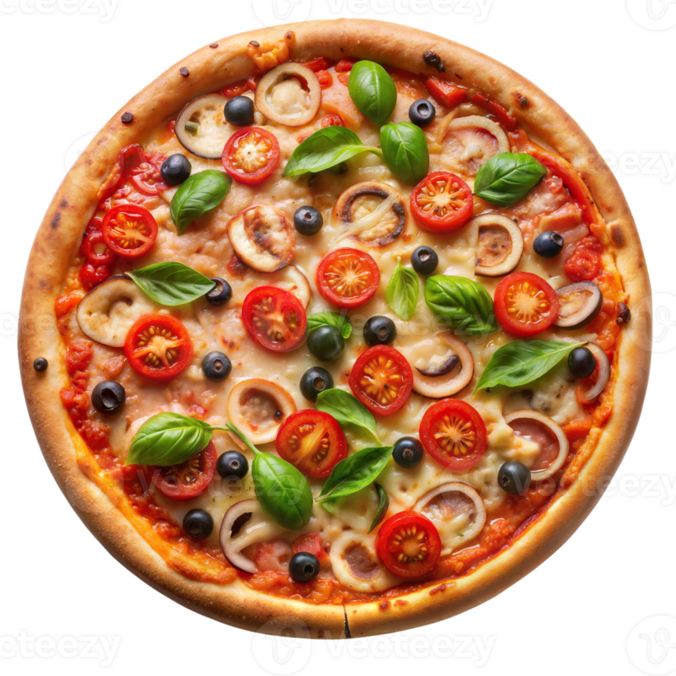 Delicious vegetable pizza with fresh basil and tomatoes png
