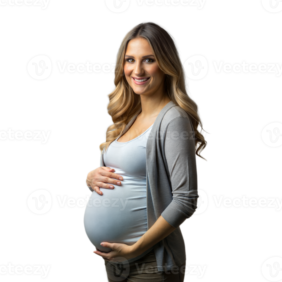 Radiant pregnant woman smiling with hands on belly png