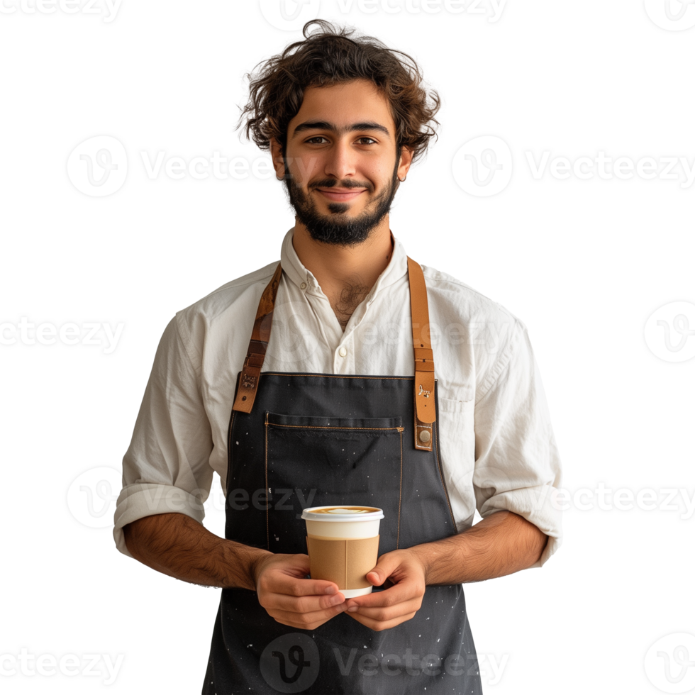 Friendly barista offering a cup of coffee with a warm smile png
