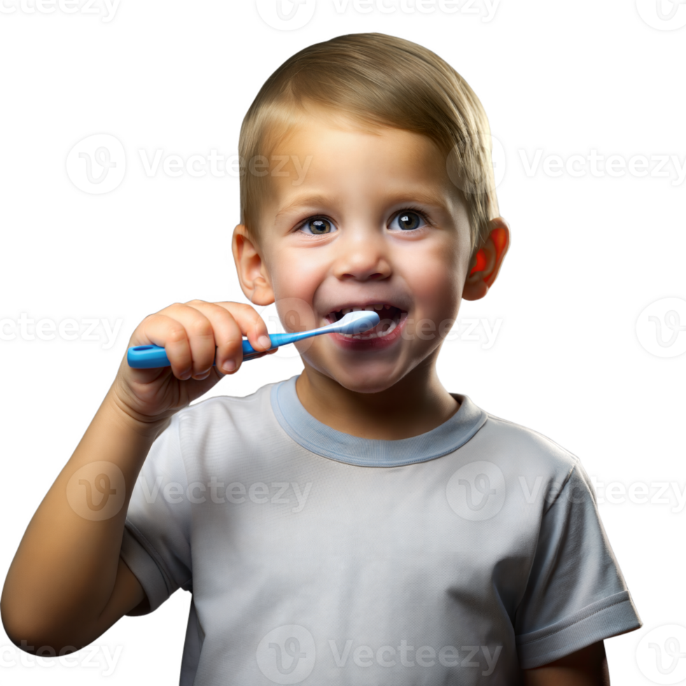 Jeune garçon Heureusement brossage les dents avec une bleu brosse à dents png