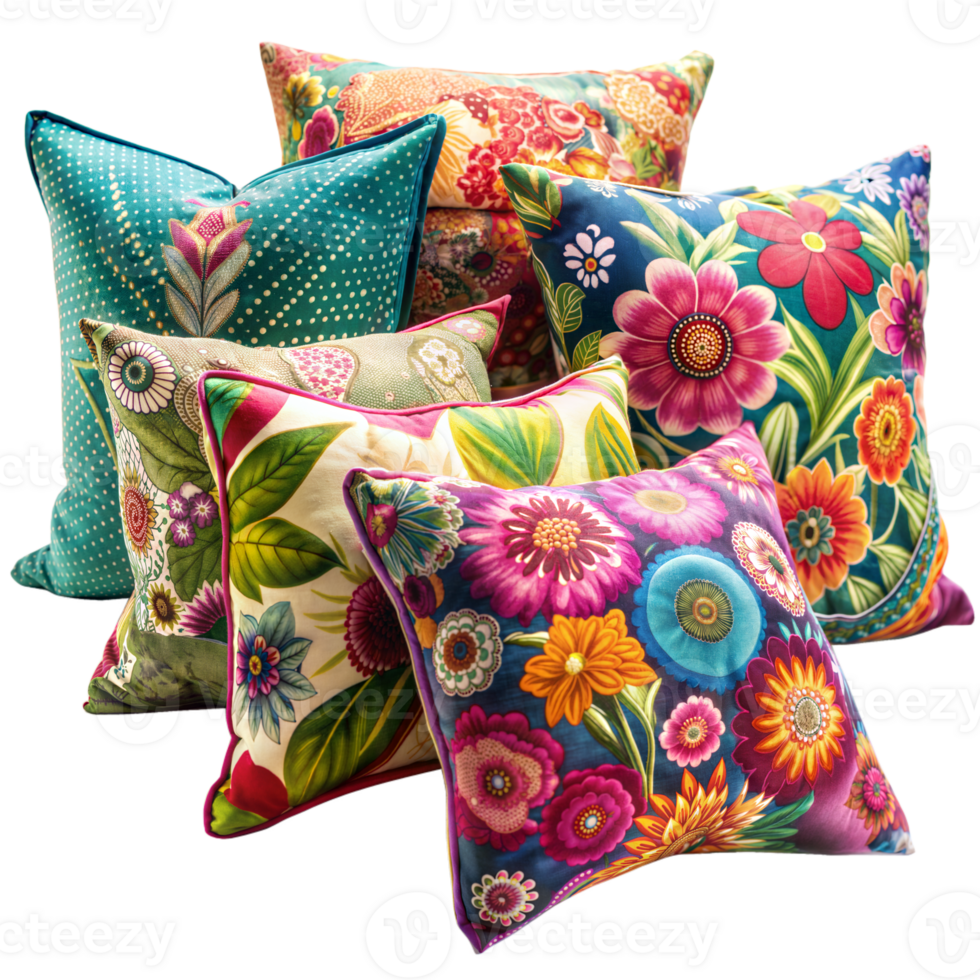 Colorful floral patterned cushions arranged in dynamic composition png