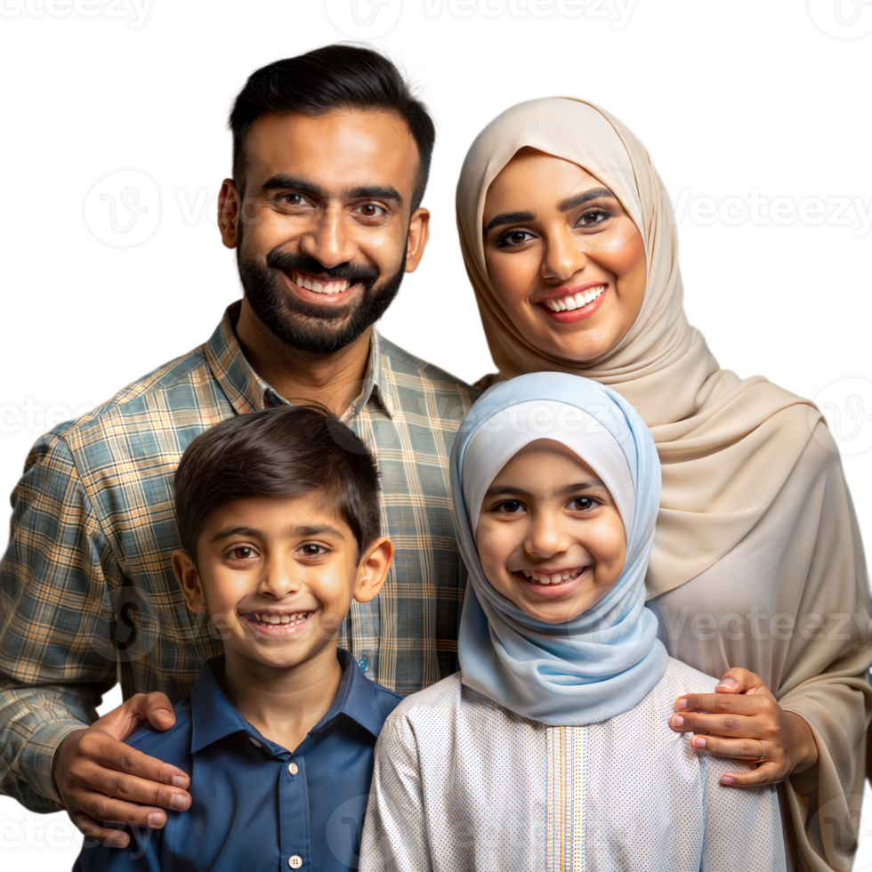 contento musulmán familia sonriente juntos en neutral antecedentes png