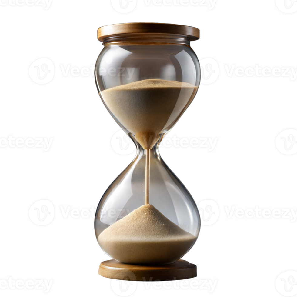 Classic wooden hourglass with flowing sand on transparent background png