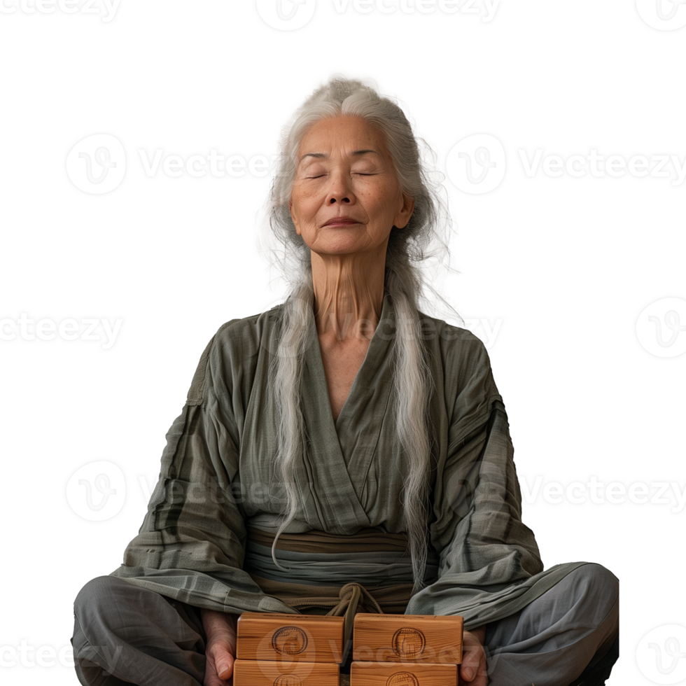 Senior Asian woman meditating in traditional attire png
