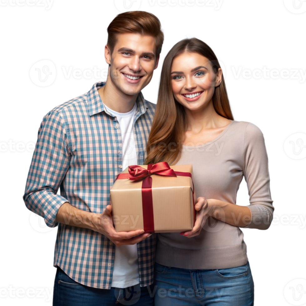 Young couple smiling and holding a gift box together png