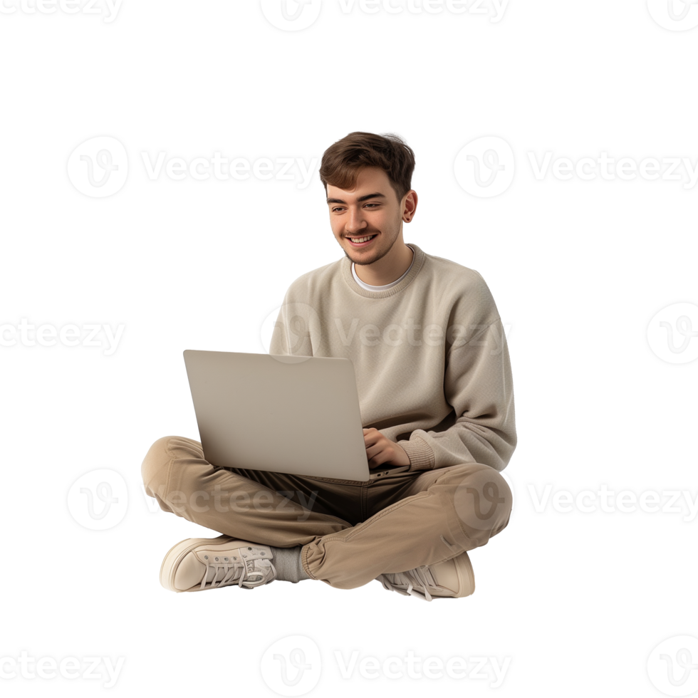 jovem homem sentado de pernas cruzadas usando computador portátil com uma sorrir png