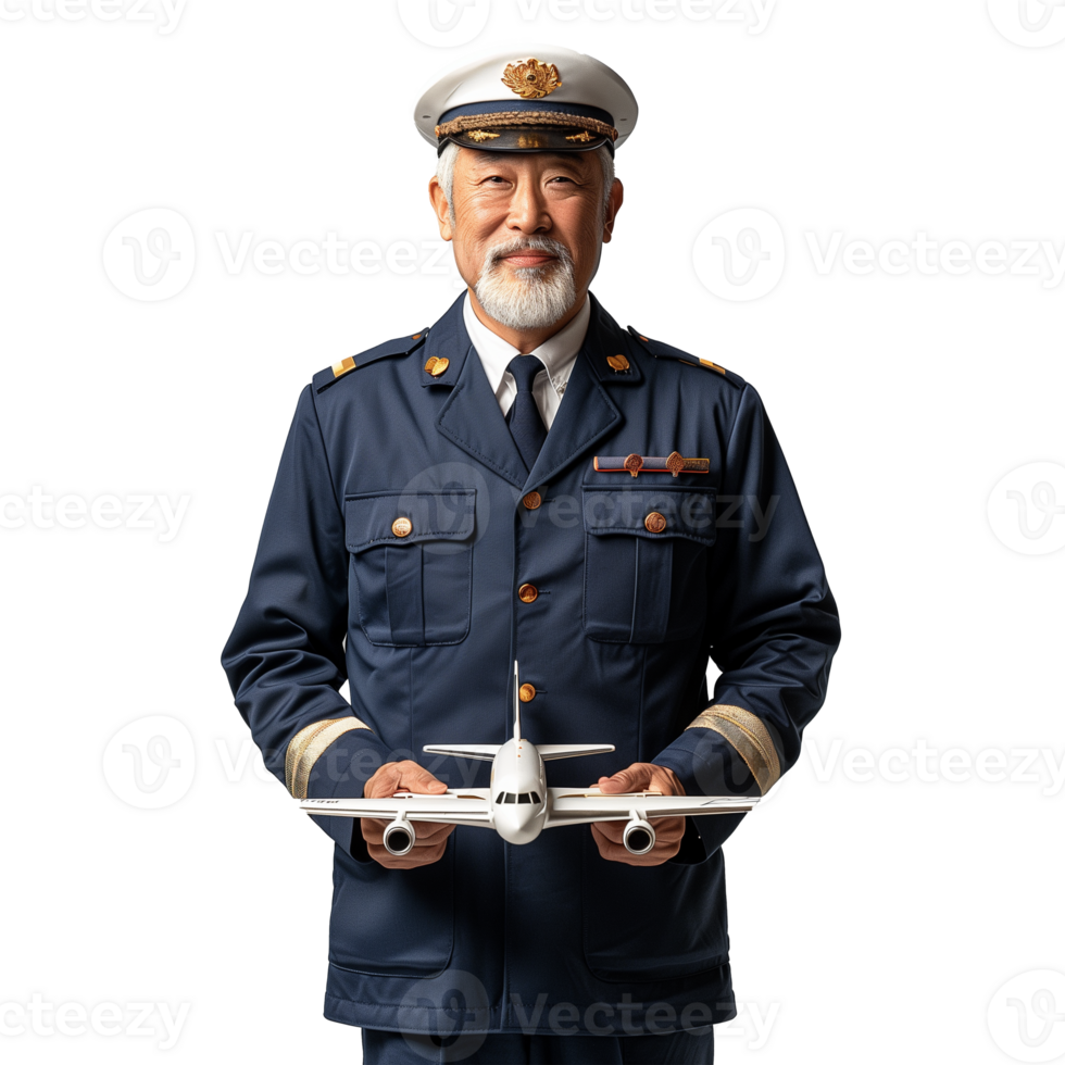 Senior airline captain holding model airplane with pride png