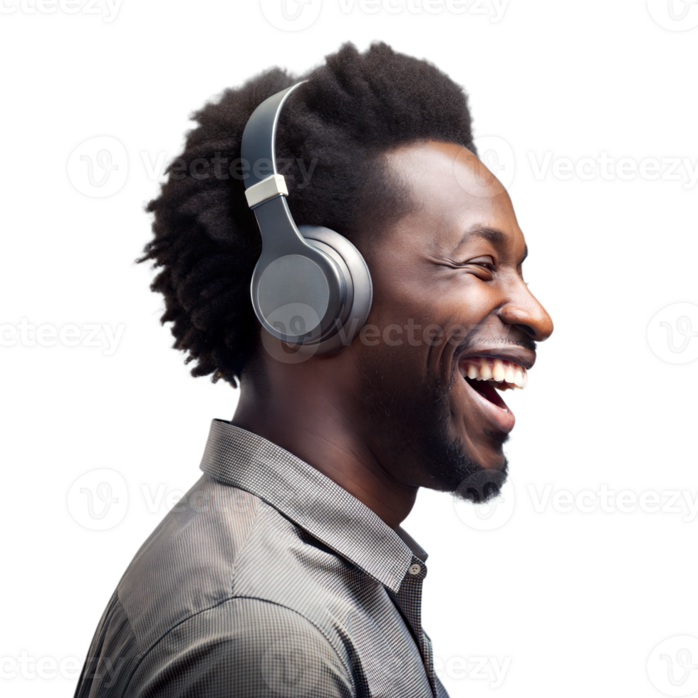 Joyful African man enjoying music on wireless headphones png