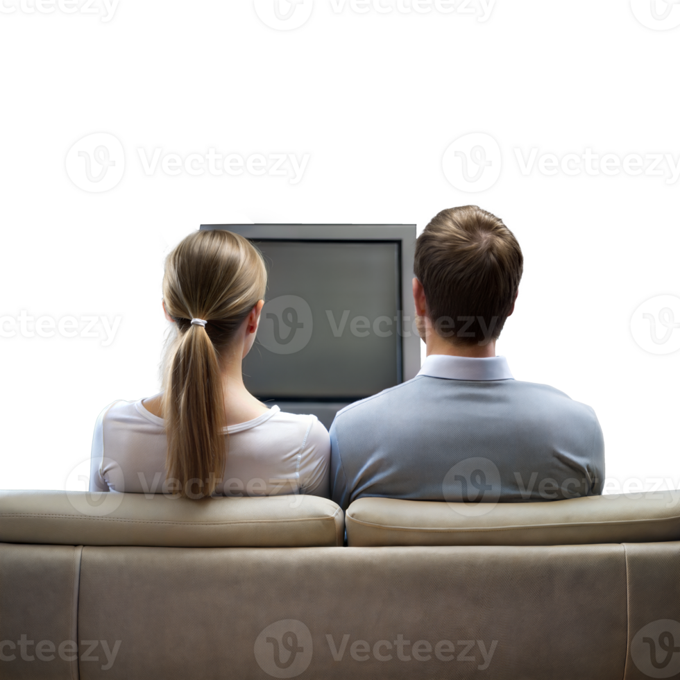 Couple watching TV together, sitting on a couch, viewed from behind png