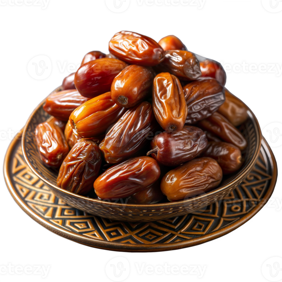 Shiny dates in a decorative golden bowl isolated on transparent png