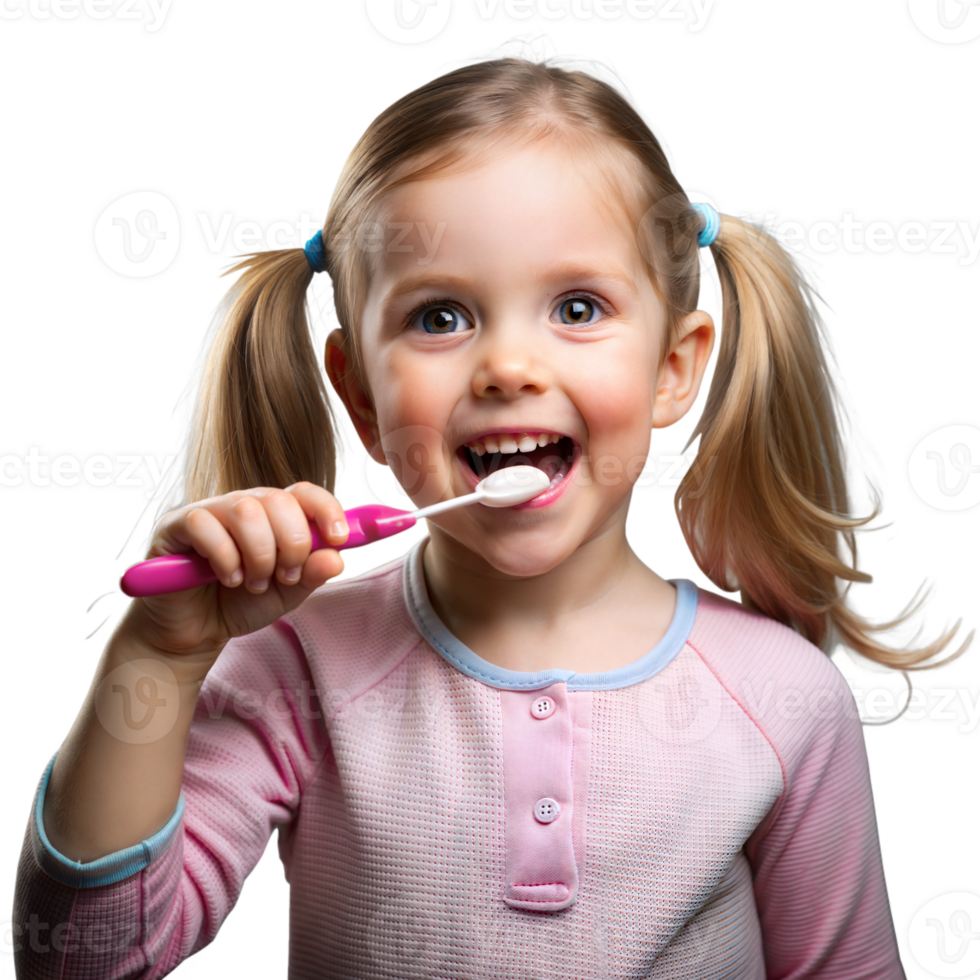 contento joven niña cepillado dientes con un brillante rosado cepillo de dientes png