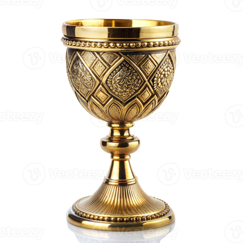 Elegant golden goblet with ornate carved details on pedestal png