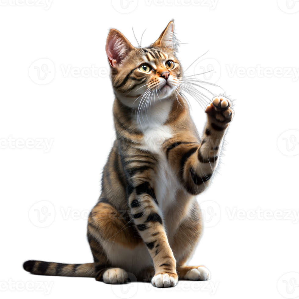 Striking pose of a playful domestic Bengal cat on one leg png