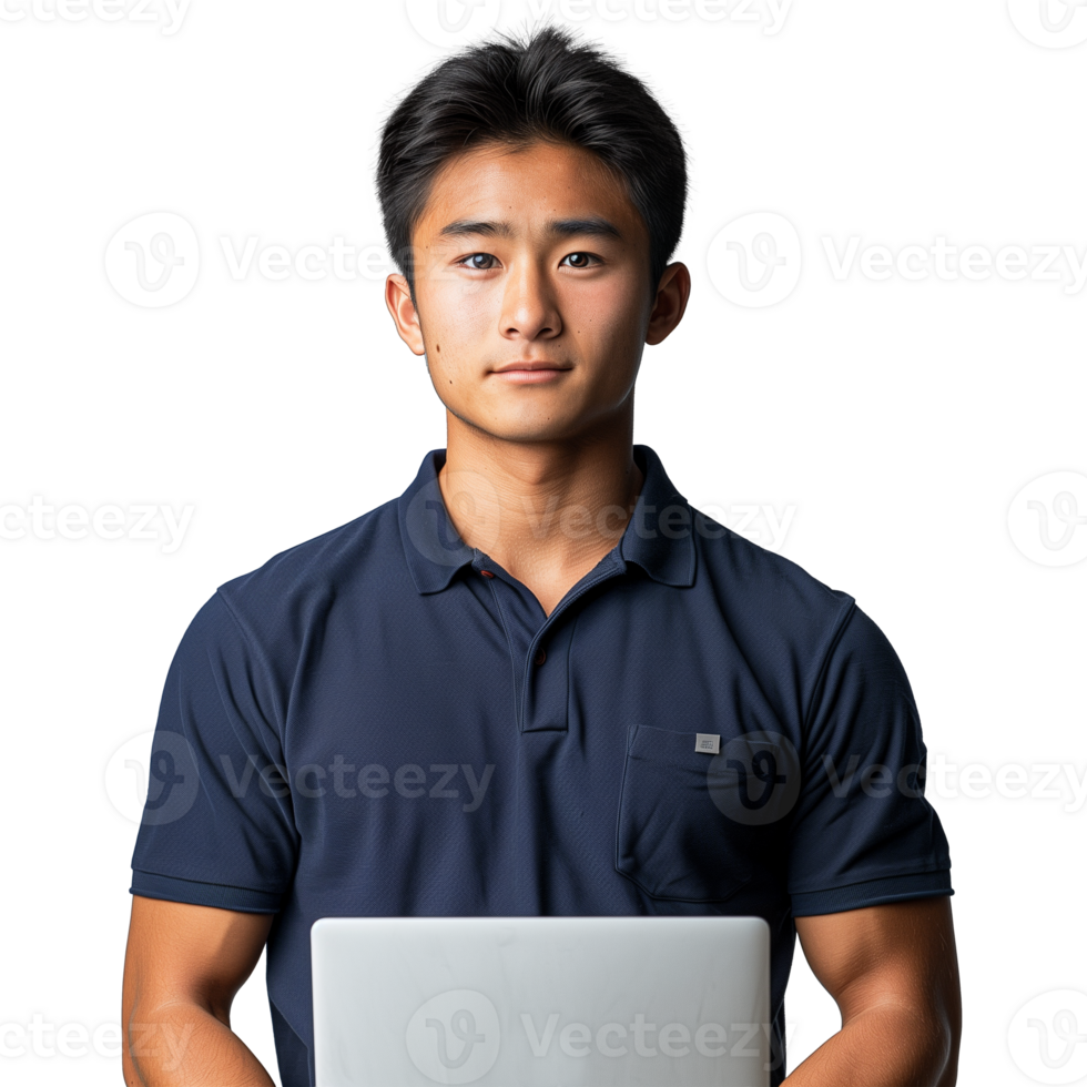 Young Asian man confidently holding a laptop on a clear background png