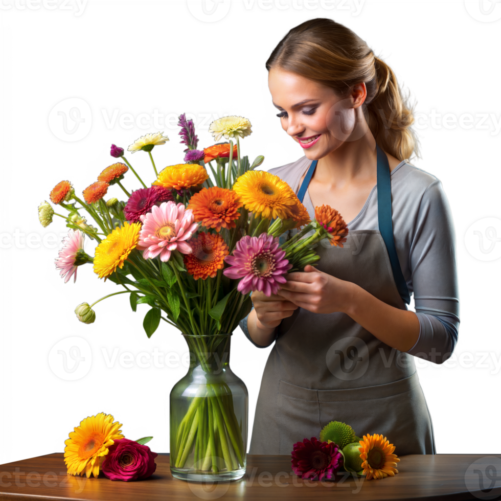 Young woman arranging colorful flowers in a clear vase png