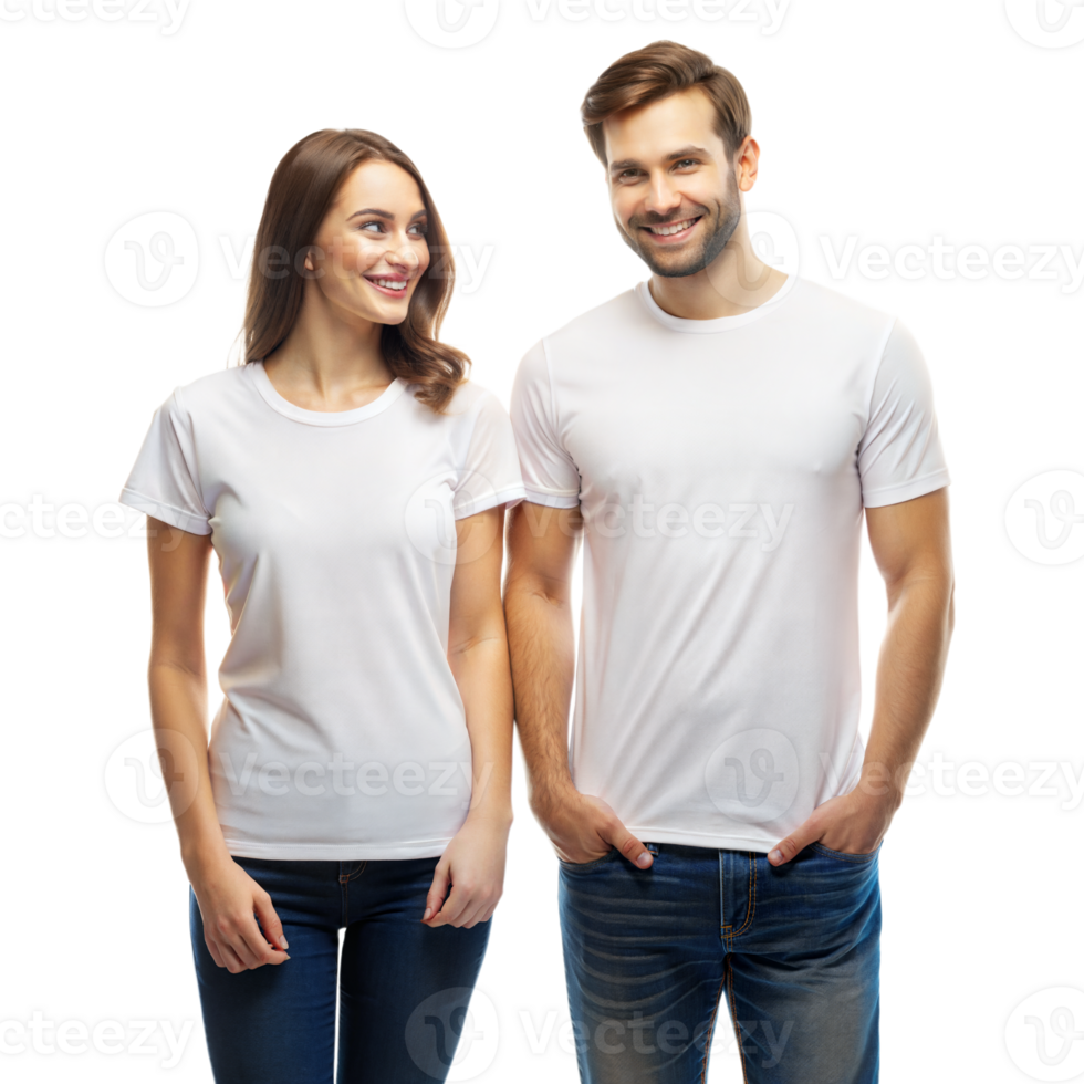 Smiling young couple in plain white t-shirts looking happy png