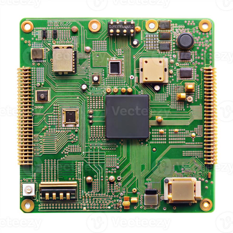 Detailed circuit board with a variety of electronic components png