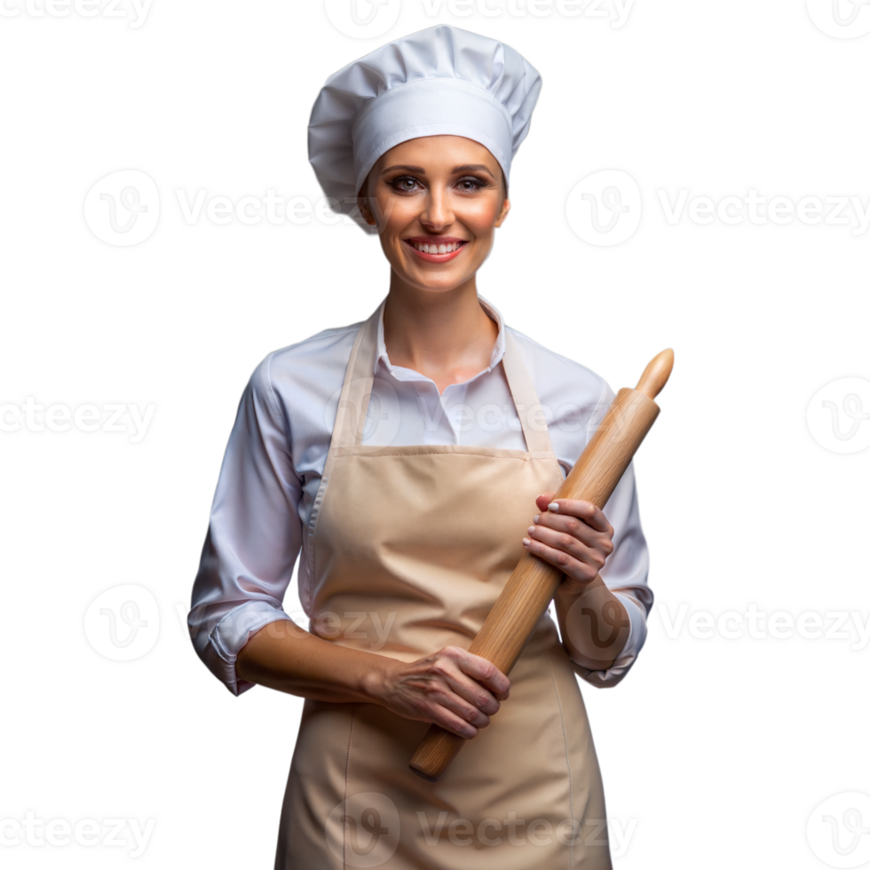 Professional female chef smiling with rolling pin in hand png