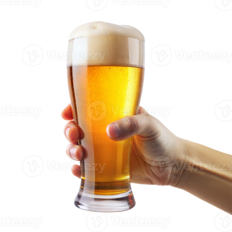Hand holding a full glass of foamy beer on a transparent background png
