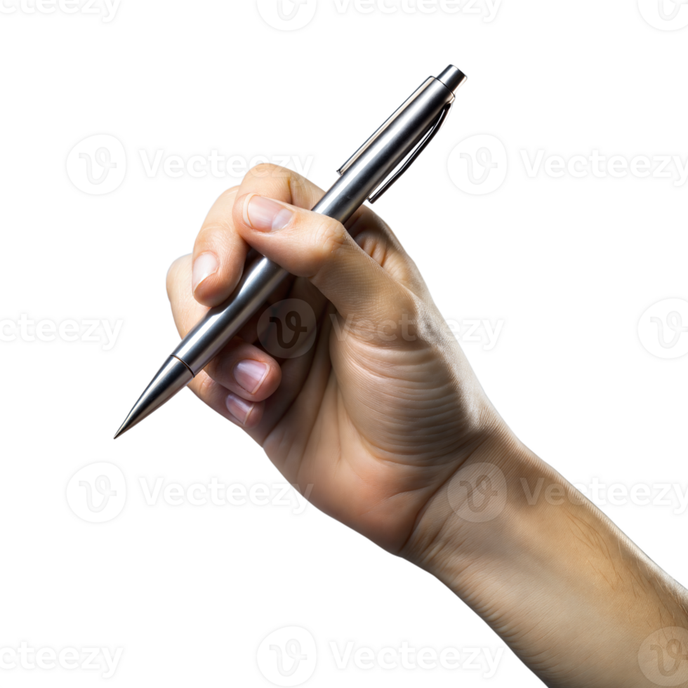 Close-up of a hand holding a silver pen on transparent background png