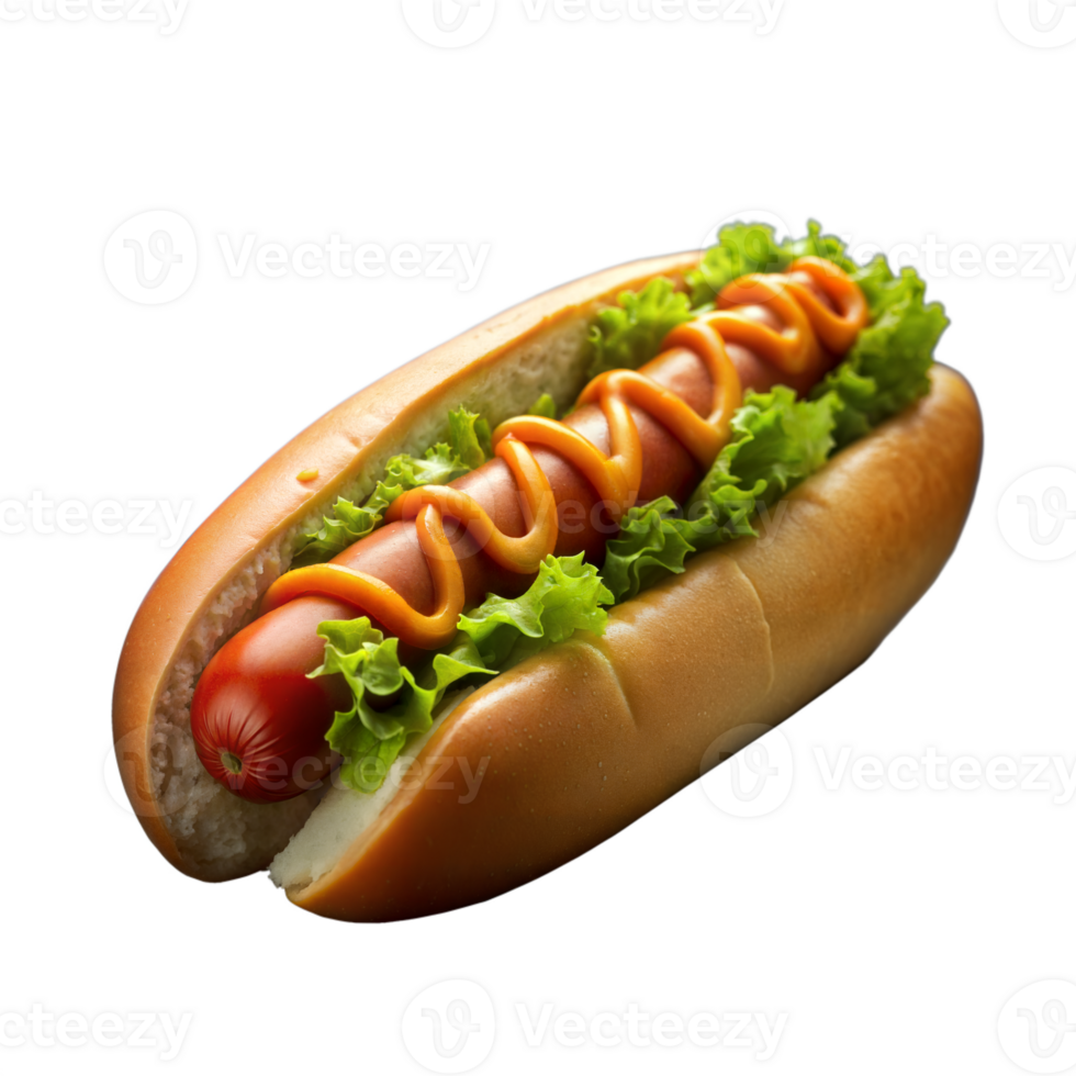 Delicious hot dog with fresh lettuce and mustard sauce png