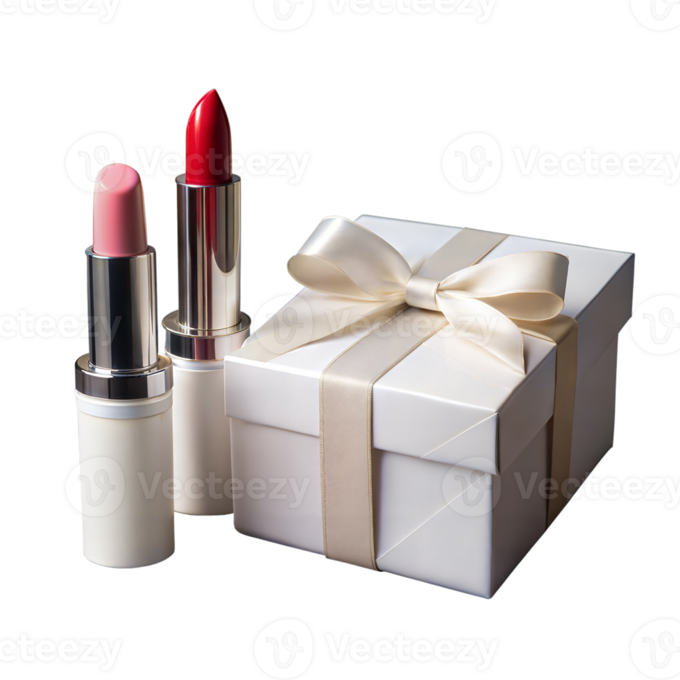 Elegant lipstick duo beside a gift box with satin ribbon png