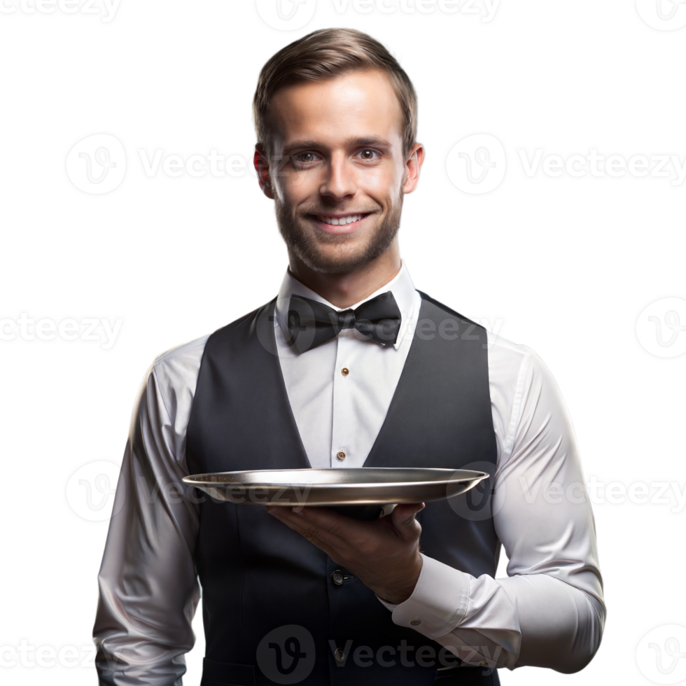 Elegant young waiter serving with a smile on isolated background png