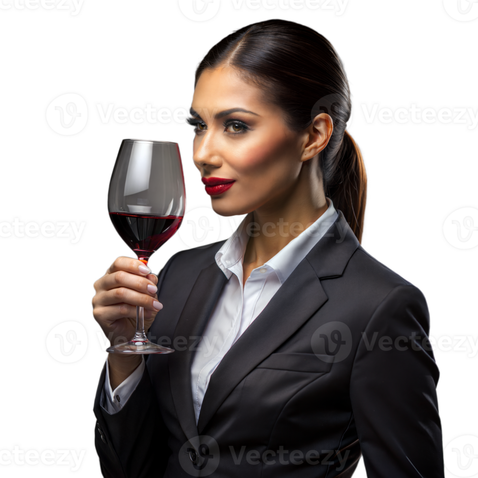 elegante mulher dentro o negócio vestuário segurando uma vidro do vinho png