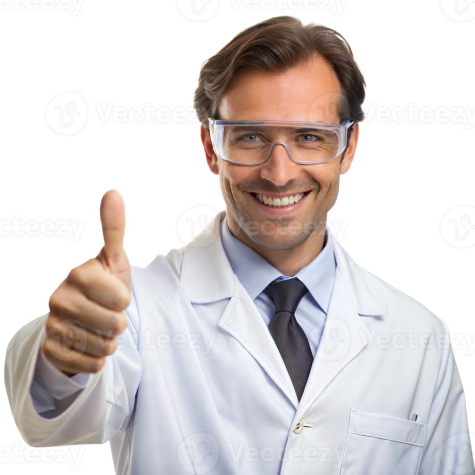 Confident male doctor giving thumbs up, isolated on transparent png