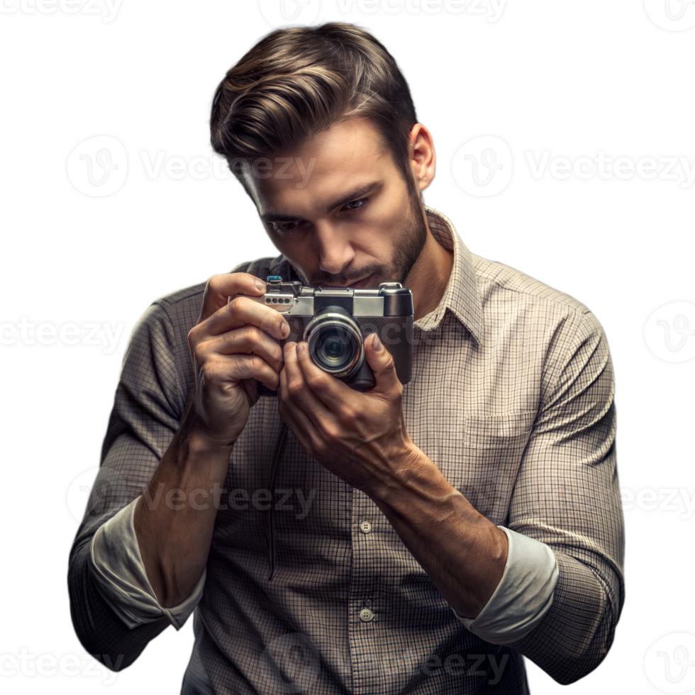 Photographer focusing with vintage camera on isolated background png