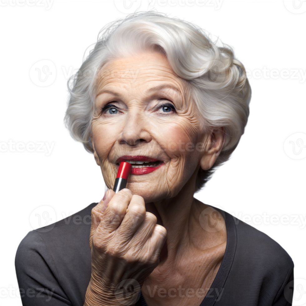 Elegant senior woman applying red lipstick with a smile png