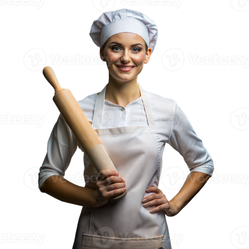 Smiling female chef with rolling pin on isolated background png