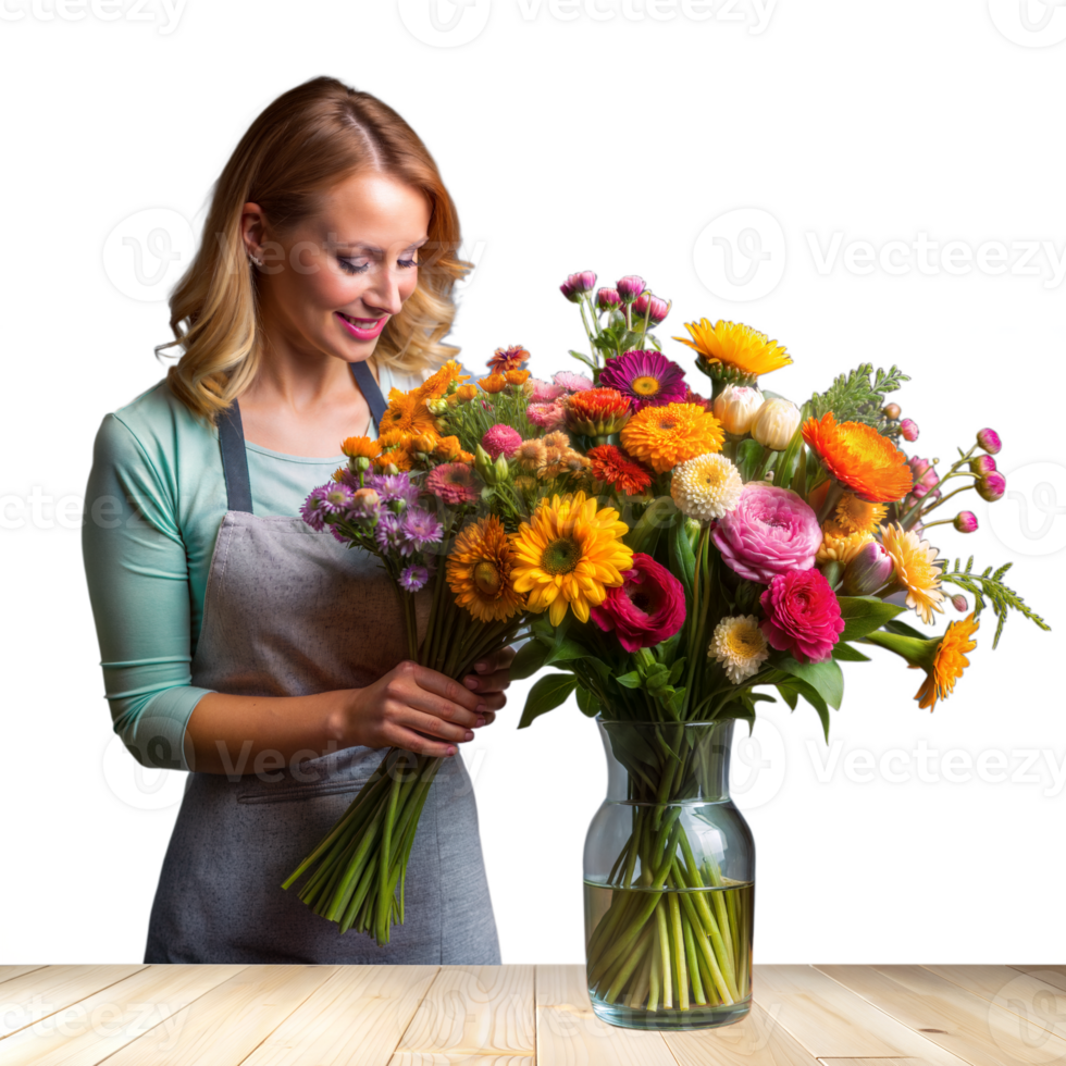 Florist arranging colorful blooms in a clear glass vase png