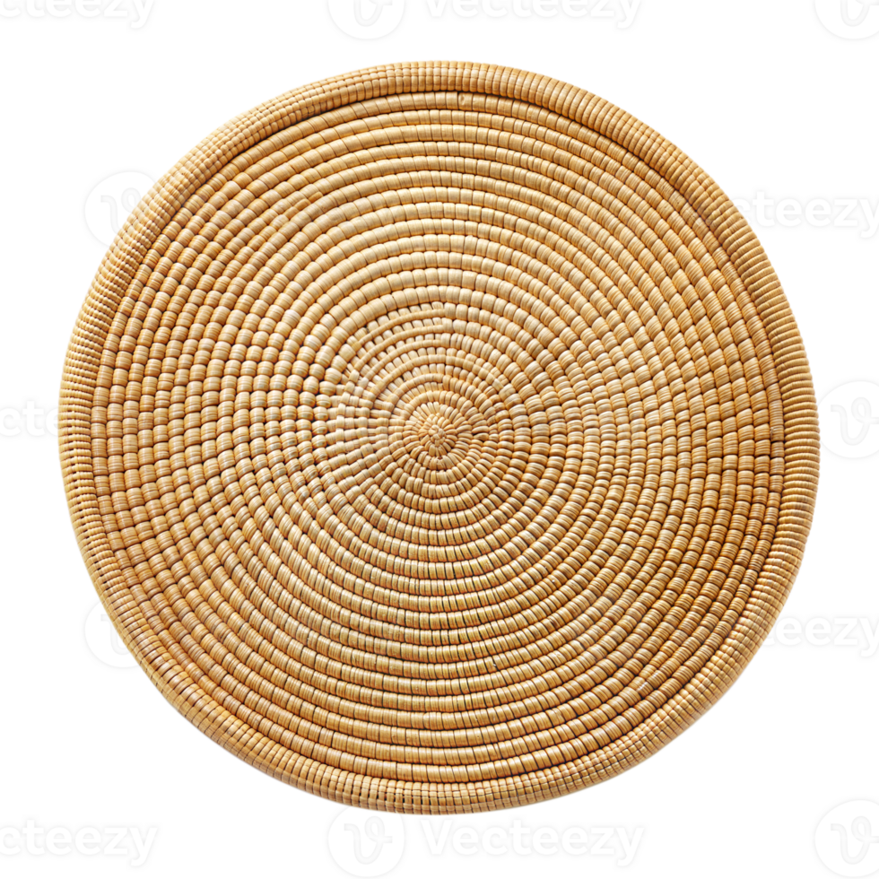 Handcrafted wicker placemat with intricate circular patterns png