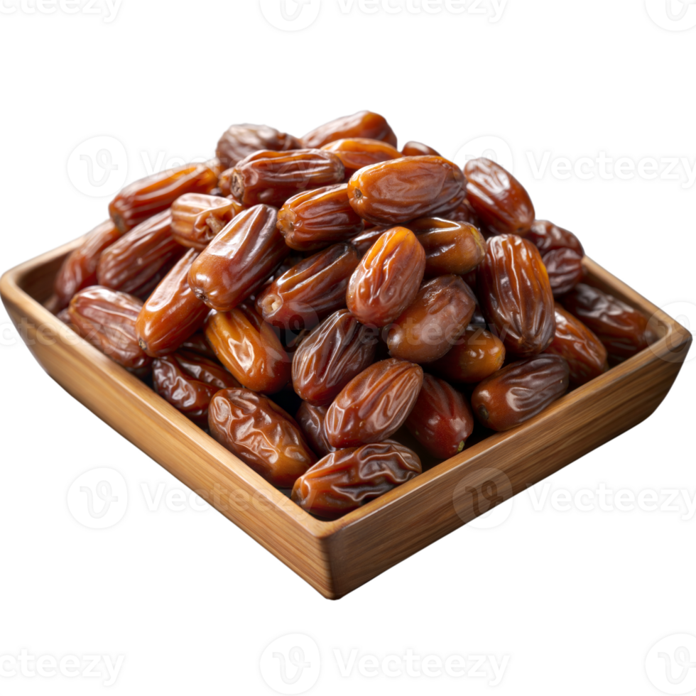 Fresh dates in a wooden bowl on transparent background png