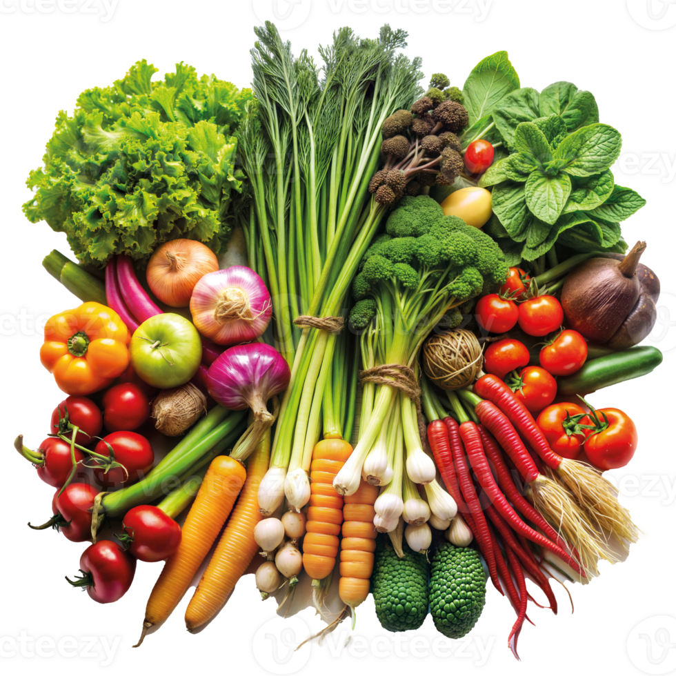 Assorted fresh vegetables arranged on a transparent background png
