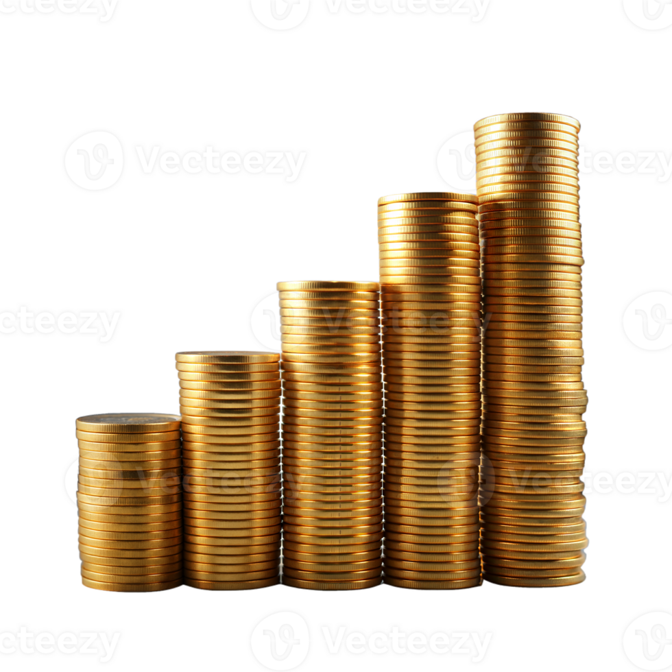 Ascending stacks of gold coins on a clear background png