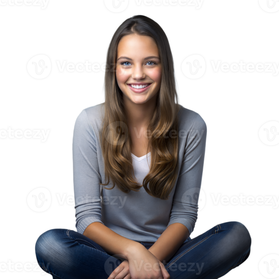 souriant Jeune femme séance mine de rien dans studio réglage png