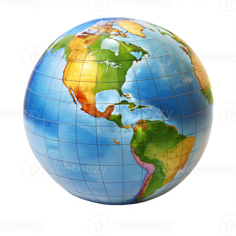 Detailed world globe showing continents and oceans png